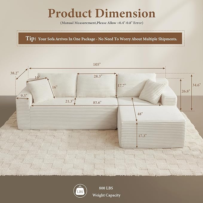 105" Sectional Couches for Living Room Cloud Couch Sofa with L-Shape Upholstered Boneless Couchs Modern Modular Sectional Couch with Chaise (White, 105" W+Right Facing Chaise+2Seaters)