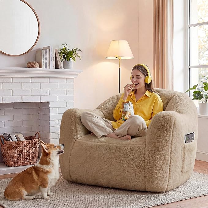 Homkdom Bean Bag Chair, Giant Bean Bag Chair for Adults, Shell-Shaped Bean Bag Couch with Armrests & Side Pockets, Comfy Beanbag Lazy Couch Reading Chair for Bedroom, Living Room, Khaki