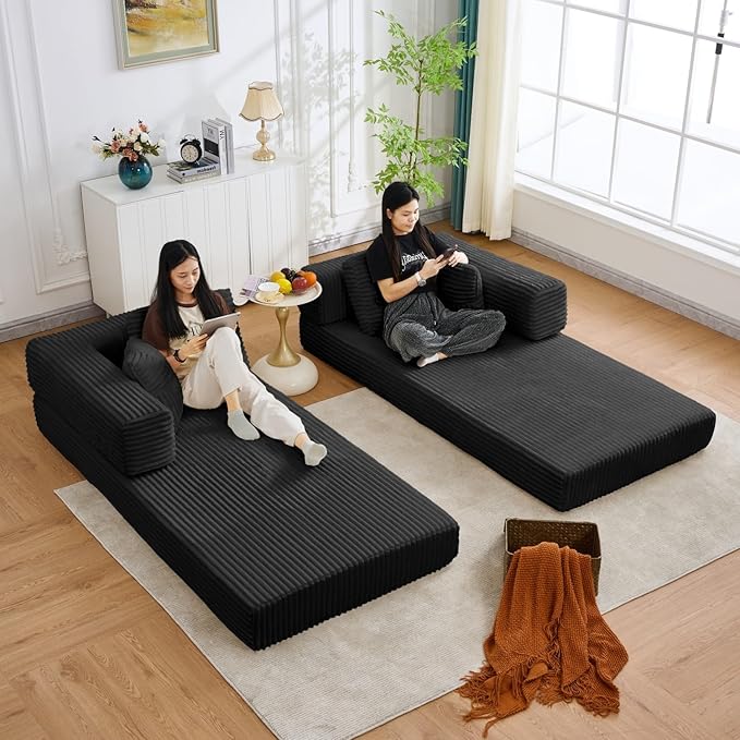 Folding Sofa Bed, Corduroy Loveseat Sleeper with Fixed-Shape Frame, No Assembly Needed Futon Couch, Convertible Floor Sofa Lounge Couch for Living Room, Bedroom, Lounge Studio, Black