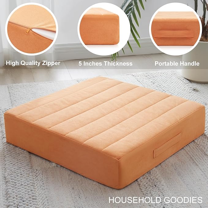 JKMAX 22 inches Floor Pillow for Adults - Large Meditation Cushion with Thick Foam & Soft Tufted Cover - Premium Outdoor Square Floor Cushion Seat - Yoga Pillows for Sitting On Floor - Orange