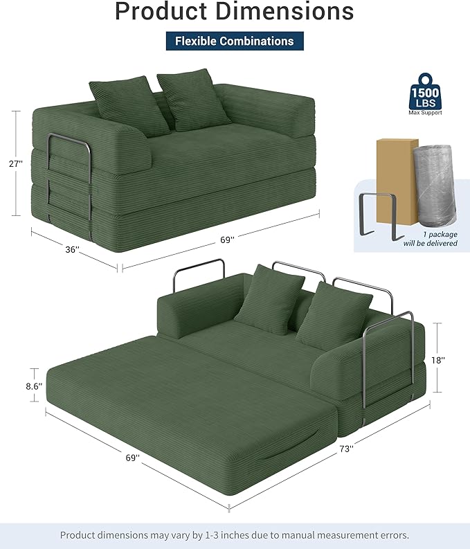 Cloud Boneless Convertible Floor Sofa Bed, 70" 4-in-1 Foldable Compressed Loveseat Lounge Sleeper 2 Seater Couches, High-Density Sponge & Corduroy Fabric Futon Daybed for Living Room Bedroom(Green)
