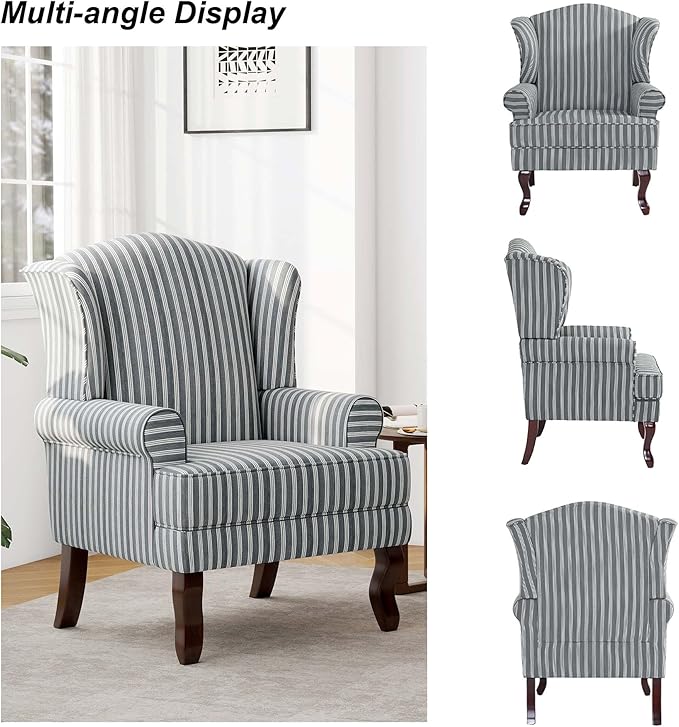 DREAMSIDEA Accent Chair, High Back Upholstered Armchair with High Resilience Sponge & Wood Legs, Mid-Century Modern Comfy Single Sofa Reading Chairs for Living Room, Bedroom (Stripe Grey, Set of 1)