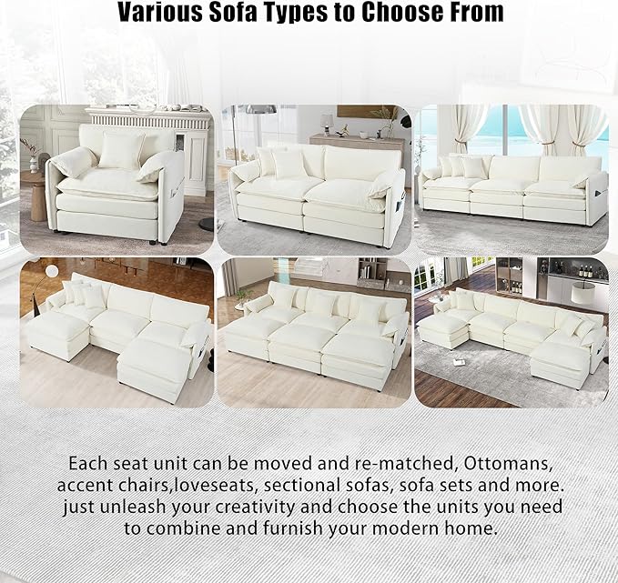 RENDGO 109" Modular Sectional Sofa with 2 Ottoman, Chenille Cloud Couch for Living Room & Apartment, Deep Seat Comfort, Flexible U-Shape Combination Sofa for Home & Office,Beige