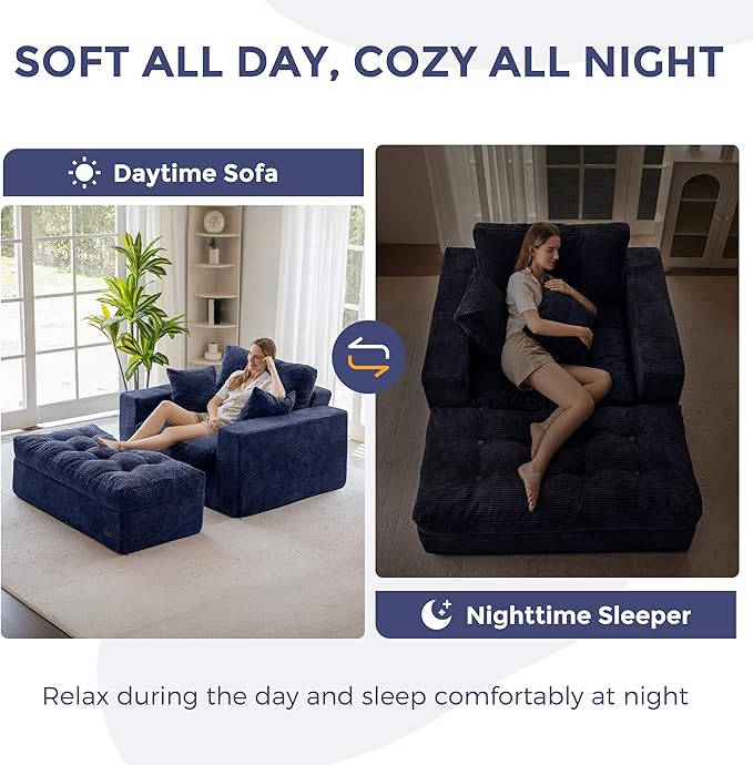 MAXYOYO Oversized Chaise Lounge Sofa, Upholstered Lounge Chair with 3 Pillows, Tufted Boneless Sofa Couch with Ottoman, Deep Seat Sleeper Chair for Living Room, Bedroom, No Assembly, Navy