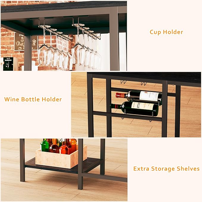 Bar Table and Chairs Set for 2-4, 3-Piece Convertible L-Shaped Dining Set with Storage Shelves & Cup Holder & Wine Rack, 63'' Corner Kitchen Table Set with 2 PU Cushion Stools & Power Outlets, Black