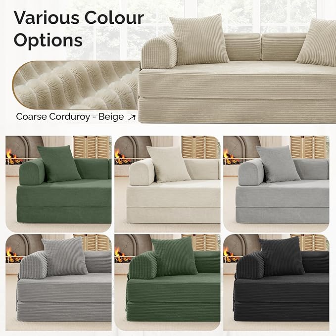 Convertible Coarser Corduroy Sleeper Sofa Bed with Cylindrical Pillow, Folding Mattress Couch with Fixed-Shape Frame, Floor Sofa Lounge Couch for Living Room Bedroom Lounge Studio, Beige