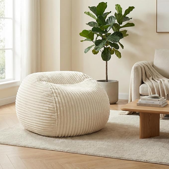 Bean Bag Chairs for Adults with Memory Foam Filling - 34" Large Faux Suede Bean Bag Chair Sofa, Ergonomic Lazy Lounger with Back Support & Armrest, Comfy Floor Seating (Beige)