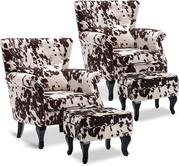 LZAREAL Accent Reading Arm Chairs with Ottoman Set of 2 for Living Room Bedroom, Midcentury Modern Corner Sofa Chair, Wingback Waiting Room Club Chair with Tufted Back &Lumbar Pillow, Fabric Cow