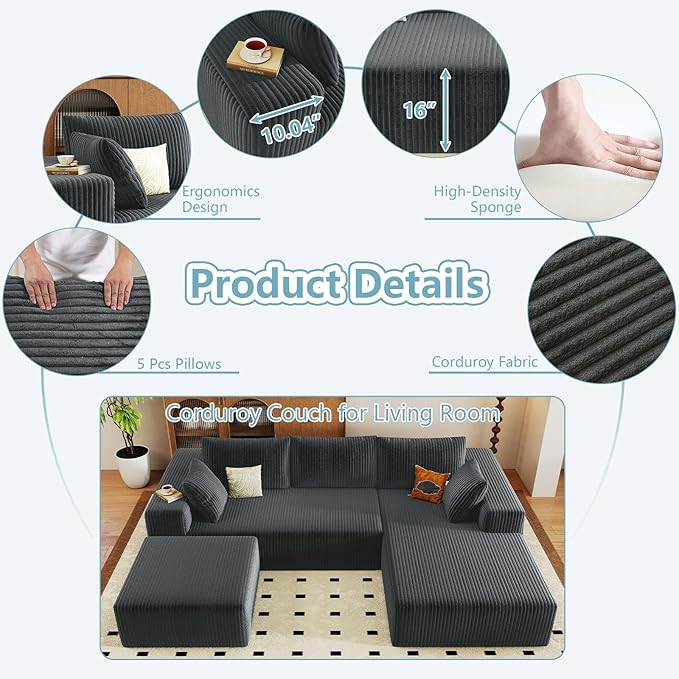 96" W Cloud Sectional Couch with Ottoman,Modern U-Shaped Cloud Couch with Deep Seat,Comfy Corduroy 3-Seater Sofa,Memory Foam Sofa for Living Room,No Assembly (Dark Grey,Right-Facing Chaise)