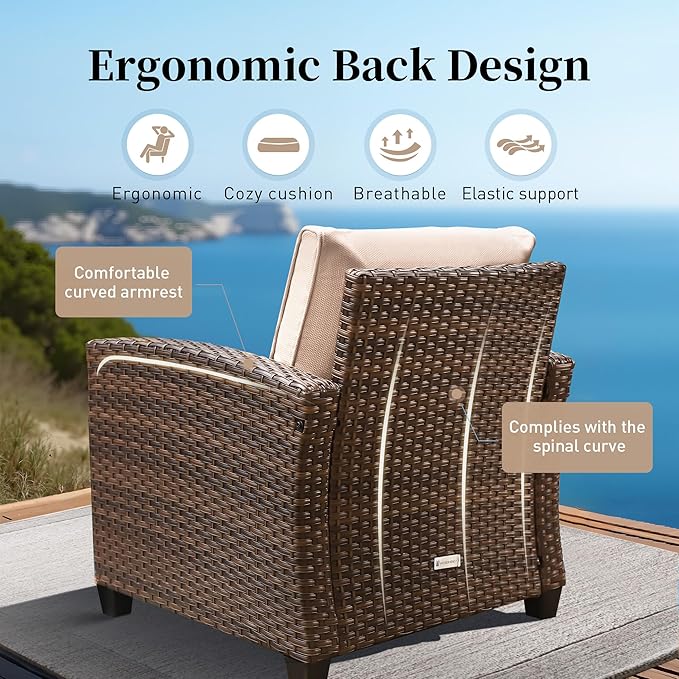 Swivel Glider Patio Furniture Set Outdoor Furniture Brown Wicker Rattan Patio Conversation Sets with Cushion Outside Sofa Set,7 Pieces with Rectangular Firepit Table,9 Seats,Beige