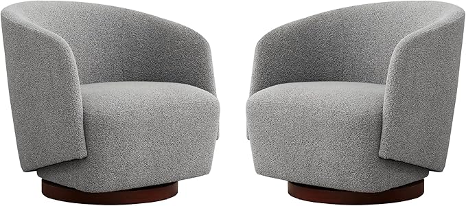 Boucle Swivel Accent Chairs Set of 2, No Assembly Upholstered Armchair with Rubberwood Base, 360° Rotating Living Room Chairs Set of 2 for Bedroom, Apartment & Reading Nook (2, Light Grey)