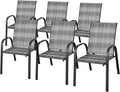 HAPPYGRILL Stackable Dining Chairs Set of 6, Outdoor PE Wicker Patio Arm Chairs with Rustproof Steel Frame, Stackable Bistro Deck Chairs for Backyard Garden and Poolside