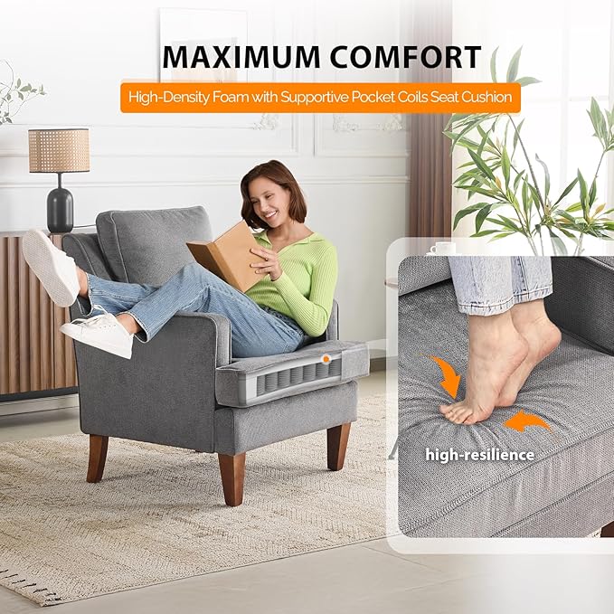 VINGLI Mid-Century Modern Accent Chair, Light Grey Upholstered Armchair Comfy Sofa Chair Reading Chair High Back for Living Room Bedroom Furniture Apartment