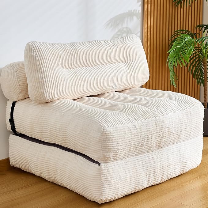 Kisoy Folding Sofa Bed, Convertible Sleeper Chair Couch Bed Faux Rabbit Fur for Adults, with Back Support Floor Couch Comfy Floor Sofa for Living Room Bedroom, Ivory, Single