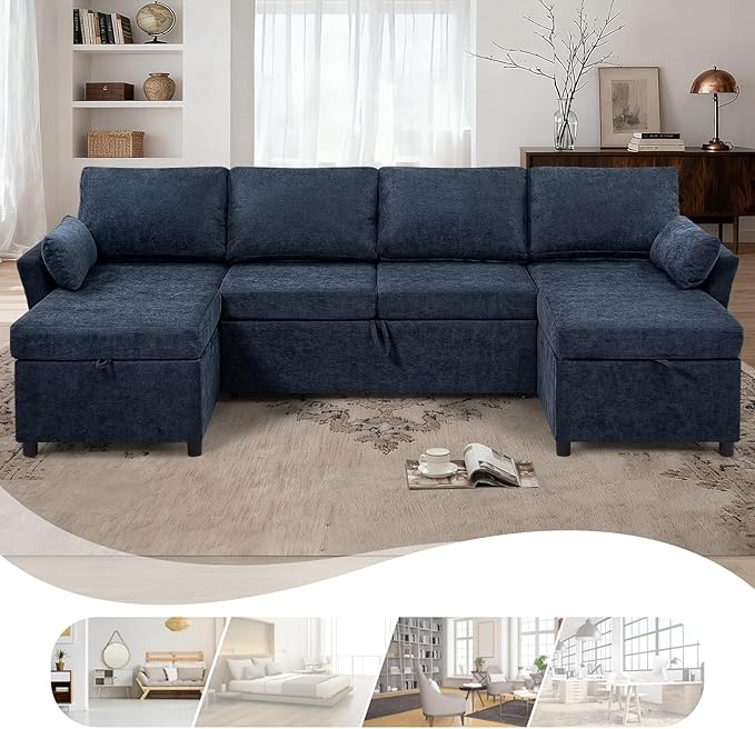 ACMEASE 107 Inches Fabric Sectional Sofa with Pull Out Sofa Bed, Modern U Shaped Sofa with Throw Pillows, Comfortable Sleeper Couch with Storage Chaise for Living Room, Blue