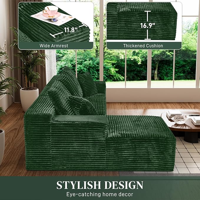 Modular Sectional Sofa Cloud Sectional Couch, 107" Comfy Fluffy L Shaped Green Couches for Living Room, Deep Seat Memory Foam Plush Corduroy Boneless Couch Sectionals with Left Facing Chaise Sofa