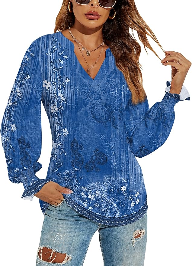 Romanstii Women's Casual V-Neck T-Shirts Loose Puff Long Sleeve Tops Tunic Blouses