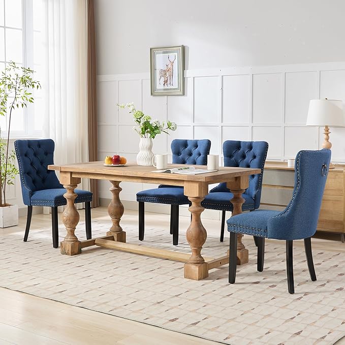YeahFurn Blue Mid Century Modern Dining Chairs Set of 4, Linen Upholstered Kitchen & Dining Room Chairs with Nailhead Trim & Solid Wood Legs, Elegant Sillas De Comedor (Blue, 4 Pcs)