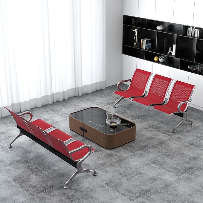 Kinfant 3-Seat Waiting Room Chair - Office Guest Reception Chairs with Ergonomic Backrests, Airport Waiting Bench with Armrests, Metal Waiting Furniture for Hospital, Bank (Dark Red, Set of 2)