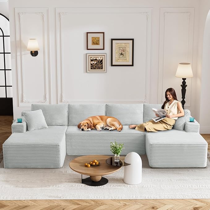 130" Oversized Cloud Boneless Sofa Couch with Chaise, Modern Corduroy Modular Sectional Sofa with Deep Seat, Comfy Couch with cupholders and Storage, No Assembly Required-Light Grey