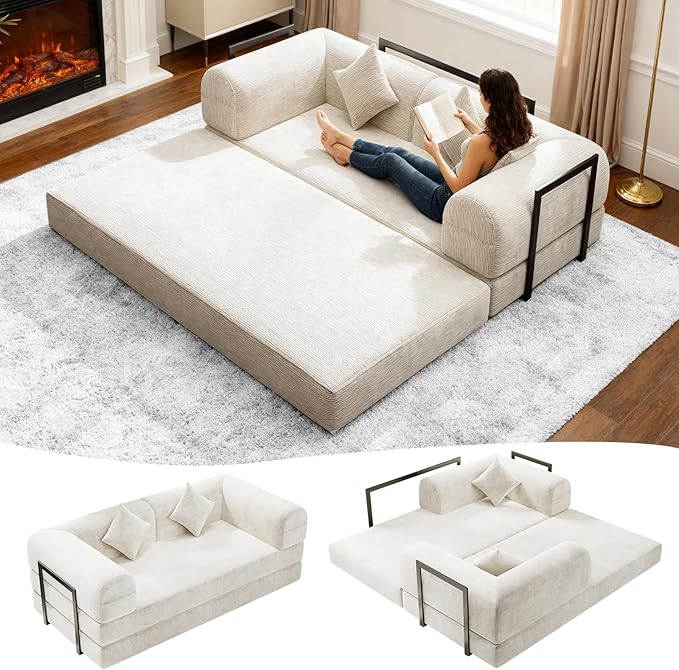 HipyMo 4-in-1 Folding Convertible Sofa Bed, 78 Inch Boneless Couch with Fixed-Shape Frame, Loveseat Sleeper with Pull Out Bed, Floor Sofa Modular Futon Couch for Living Room Bedroom Lounge (Beige)
