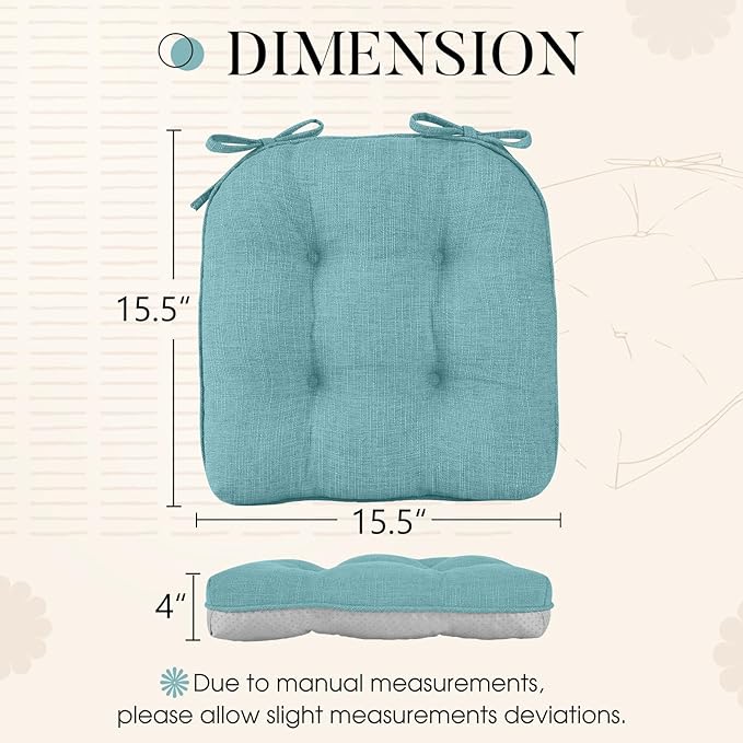 Basic Beyond Chair Cushions for Dining Chairs 4 Pack, Chair Cushion with Ties and Non Slip Backing, 15.5 x 15.5 inches Tufted Chair Pads for Dining Chairs(Aqua Blue)