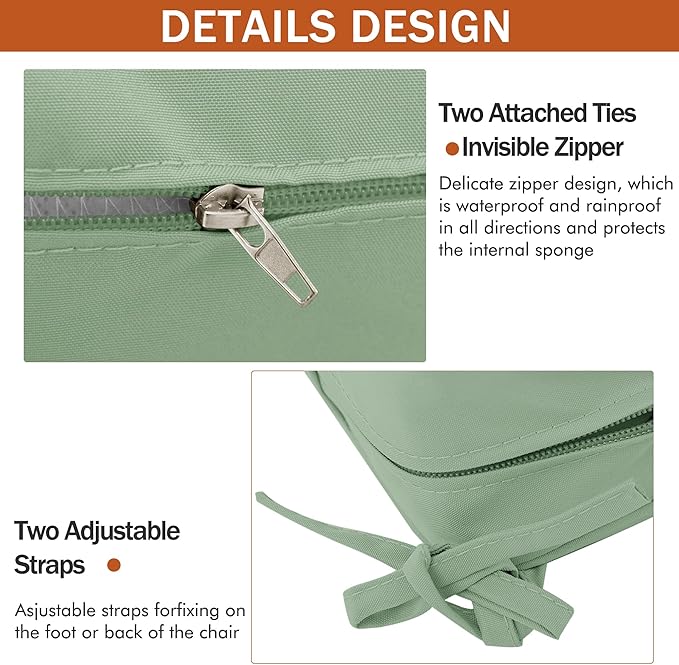 Outdoor Chair Cushions 16 x 17 Inch, Set of 4, Waterproof Patio Chair Cushions with Tie 5 Year Color Fastness Thick Outdoor Seat Cushion for Garden Lawn Patio Furniture Sage Green