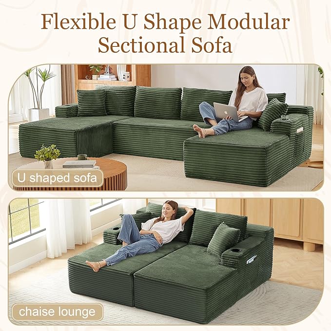 134 Inch Modular Sectional Sleeper Sofa, Boneless Cloud Couch for Living Room, U Shaped 5 Seat Sofa with 2 Storage Pockets& 2 Cup Holders, Free Combination, No Assembly Required (Green)
