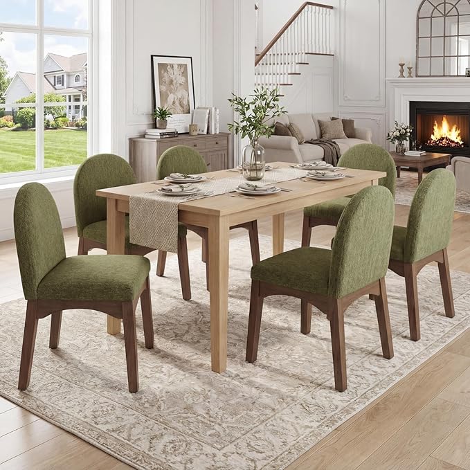HNY Mid Century Modern Dining Chairs Set of 2, Chenille Upholstered Dining Room Chairs Armless Kitchen Chairs with Solid Rubberwood Legs, Accent Side Chairs for Living Room, Green
