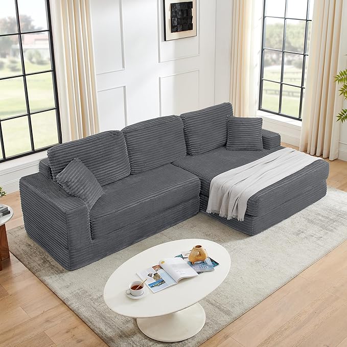 Minimalist L-Shape Modular Sectional Sofa – Corduroy Convertible Sofa Bed, Space-Saving Compressed Design