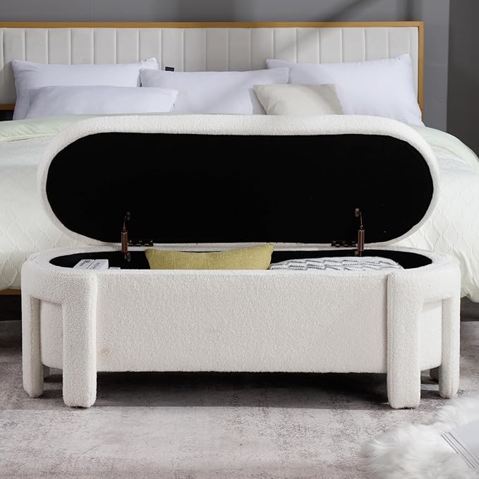 DM Furniture Modern Sherpa Storage Ottoman Bench for Bedroom 47.25 in Comfy Boucle Upholstered Entryway Bench with Storage for End of Bed/Living Room/Lounge/Window Corner, White