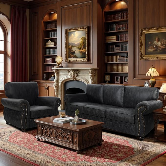 Couchus Living Room Furniture Sets,Sofa Sets and Couch Sets for Living Room,Mid-Century Vintage Sofa Couches with Rivet Design (Grey, Single+3 Seater)