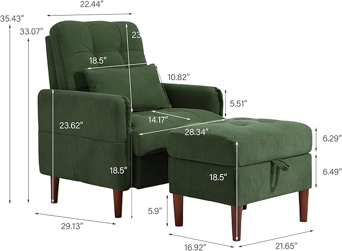Lumibee Accent Chair with Storage Ottoman, Upholstered Comfy Reading Chair with Adjustable Reclining Backrest, Corduroy Fabric Lounge Chair Armchair for Living Room Bedroom, Green