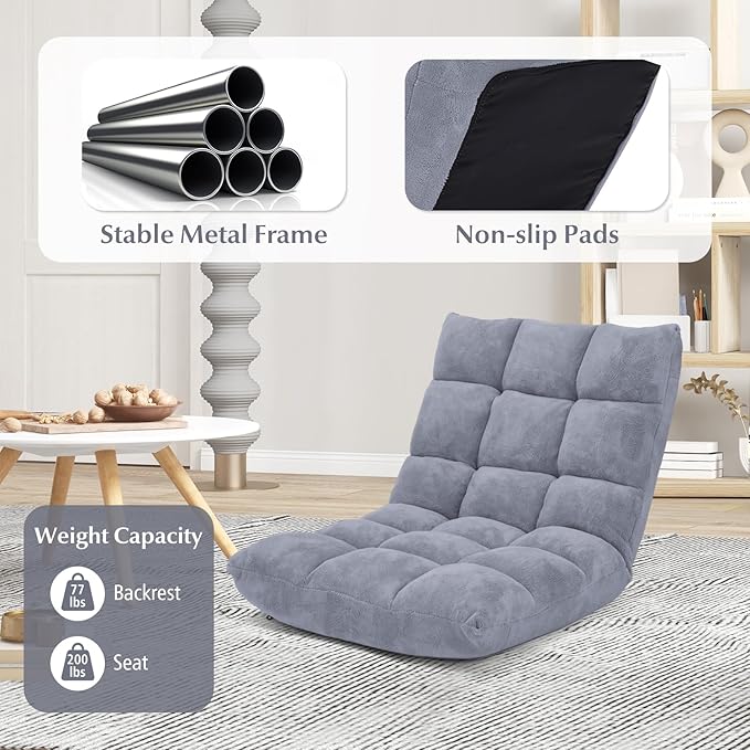 Folding Floor Chair w/Back Support, 14-Position Adjustable Lazy Sofa Chair w/Coral Velvet Fabric & Alloy Steel Frame, Portable Meditation Chair for Reading, Gaming,Sleeping (Grey)