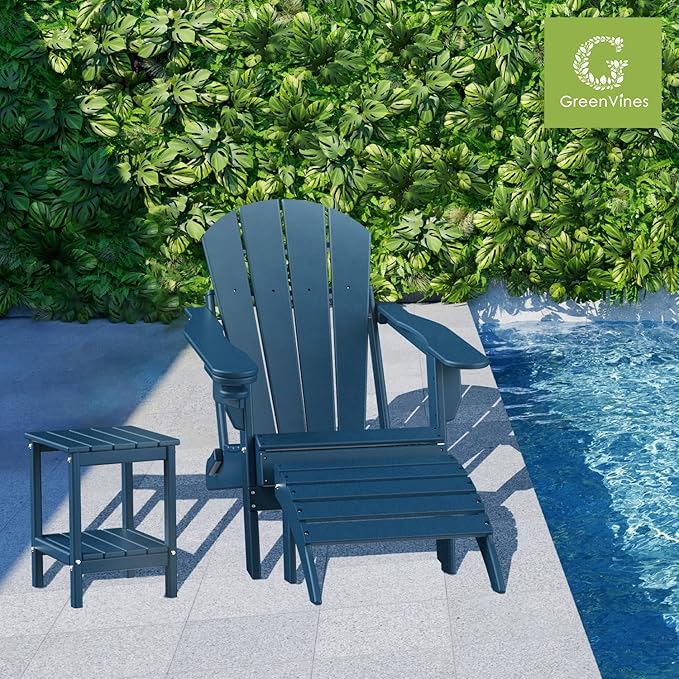 GreenVines Adirondack Ottoman Set of 2, HDPE All Weather Outdoor Folding Footrest, Plastic Adirondack Chair Footstool for Deck Backyard Patio Outside Poolside Porch Lawn, 19.7 inch Width, Blue
