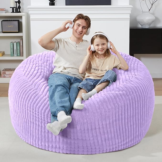Homguava 4 FT Bean Bag Chair,4' Big Bean Bag,Large Bean Bag Chairs for Adults with Memory Foam Filled,Comfy Beanbag Chairs Soft Bean Bag Sofa with Dutch Corded Plush Cover-Purple