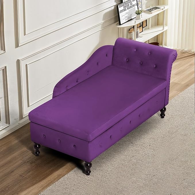 ACMEASE Upholstered Chaise Lounge with Right Armrest & Lumbar Pillow,Button Tufted Lounge Sofa with Storage,Lounge Chair Indoor,Modern Velvet Lounge Chair for Bedroom, Living Room and Office,Purpel