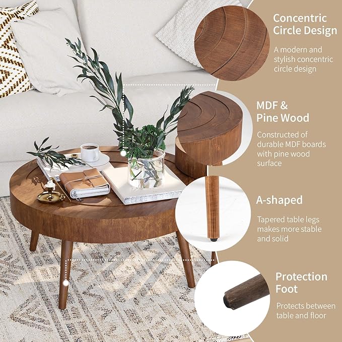 SUNBURY Round Coffee Table, Nesting Tables with Concentric Circle Pattern, Mid Century Modern Coffee Table Set for Living Room Bedroom, 31.5"x16" and 21.8"x20"