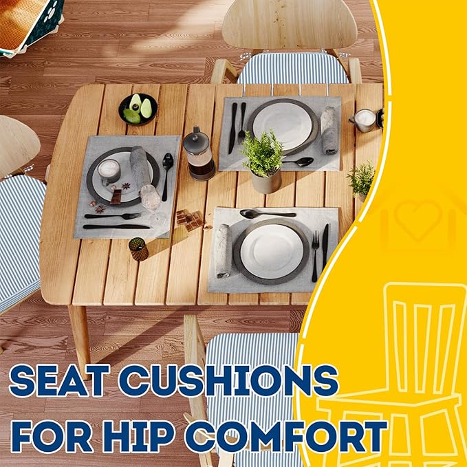 AAAAAcessories D-Shaped Chair Cushions, 2" Thick Dining Chair Pads with Ties and Removable, Machine-Washable Cover, 17" x 16", Set of 4, Pinstripe Blue