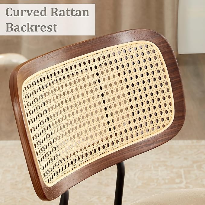 Quenvo Swivel Dining Chairs with Rattan Back, Rattan Leather Dining Chairs with Swivel Metal Legs, Mid-Century Modern Synthetic Leather Upholstered Kitchen Chair, Set of 6, Beige