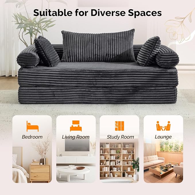 VINGLI Convertible Futon Sofa Bed, Upholstered Corduroy Boneless Couch King Size Floor Loveseat Sleeper Sofa with 2-in-1 Throw Pillow, Couches for Living Room, Bedroom, Lounge, Dark Gray