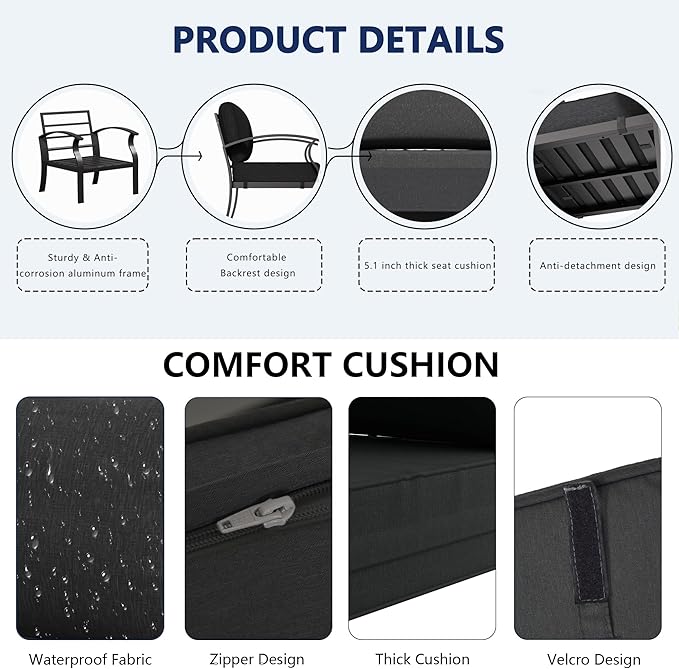 RTDTD Aluminum Outdoor Patio Furniture Set,5 Seats Patio Conversation Sets with 2 Round Coffee Tables,Metal Patio Sectional Furniture Set with 5.1" Thickened Cushions,Black