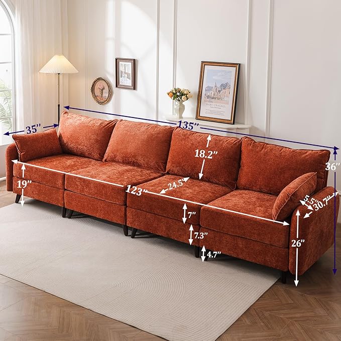 Rexulqo 135'' Modular Sectional Sofa with All Seats Storage,Oversized 4-Seater Comfy Cloud Couches with Deep Seat,Big Couch for Living Room,Bedroom,Velet,Orange