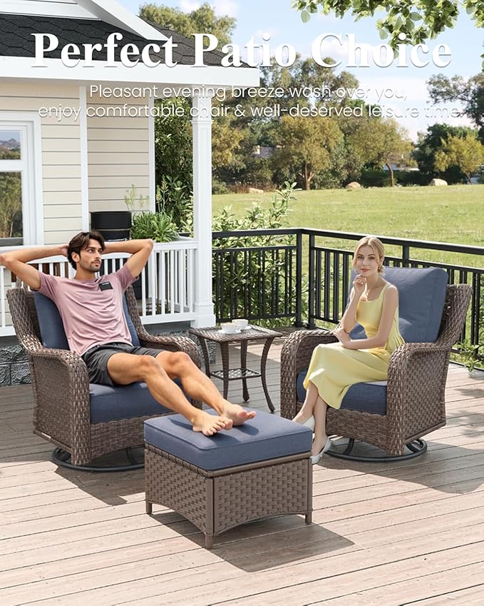 LayinSun 8 Piece Wicker Outdoor Furniture Set with 6-inch Comfy Cushions, High Back Patio Furniture Set with Swivel Rocking Chairs and Fire Pit Table