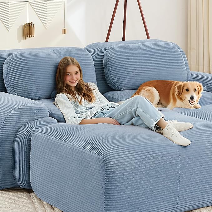 SoarFlash 117" Modern L-Shaped Modular Sectional Sofa for Living Room, Corduroy Upholstery Oversized 3-Seater Couch with Deep Seat and Movable Ottoman-No Assembly, Blue