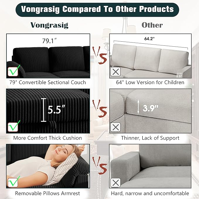 Vongrasig 79" Convertible Sectional Couch Sofa with Storage Ottoman, 3 Seat L Shaped Couch with Side Storage Pockage, Small Couches for Living Room, Apartment and Small Space, Black