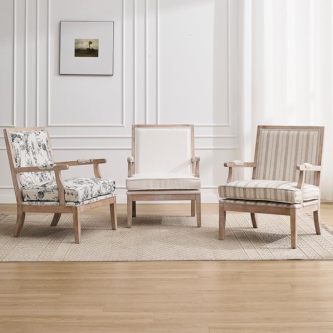 DM Furniture Mid Century Modern Accent Chair Upholstered Living Room Chairs with Armrest Linen Comfy Lounge Armchair Retro Solid Wood Reading Chair for Bedroom, Guest Room, Balcony, Khaki Stripe