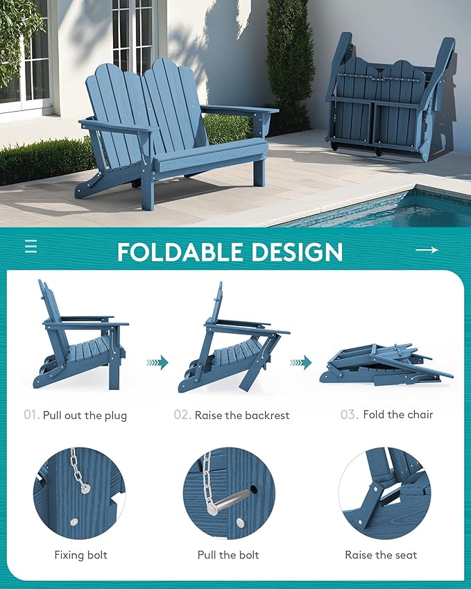 SERWALL 2 Person Adirondack Loveseat, HDPE All-Weather Folding Adirondack Bench Chair, Outdoor Adirondack Chair Set of 4, Navy