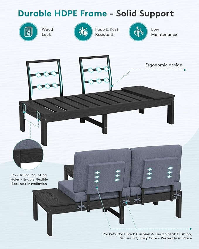 SERWALL HDPE Patio Furniture Set, 8 Seats Outdoor Sectional with Coffee Table, Outdoor Conversation Sets with Adjustable Backrest Sofa for Garden, Poolside, Black Frame with Grey Cushion