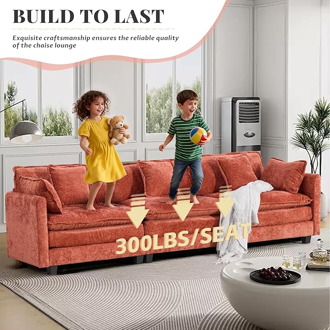 SoarFlash 113.78" Chenille Sectional Sofa, Comfy Modular Loveseat Sofa, Modern 3-Seat Couch Deep Seat Sofa Set for Living Room,Orange
